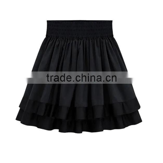 Young ladies trendy wide waist band black pleated 3 layers tutu skirt