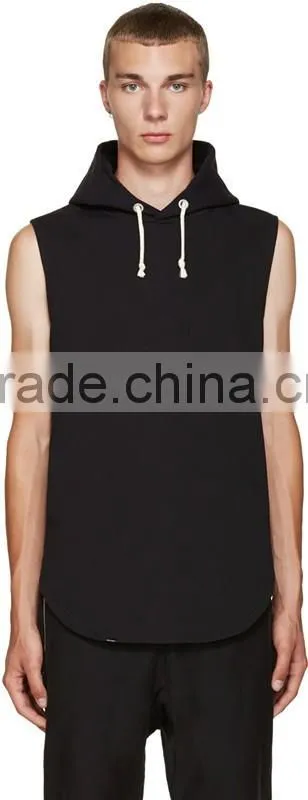 Sleeveless French terry vest hoodie Beige drawstring hood custom Embroidered logo Zipper at sides Shirt-tail hem