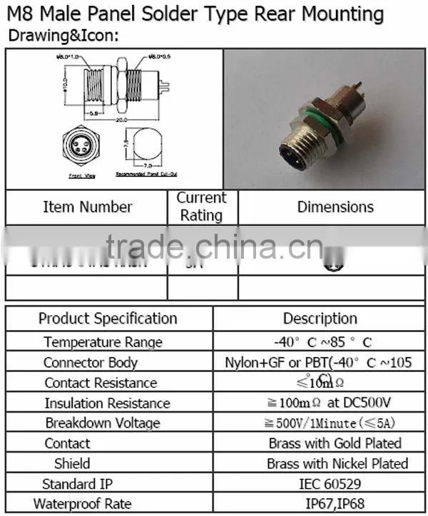 M8 Male panel solder type rear mounting Waterproof Connector