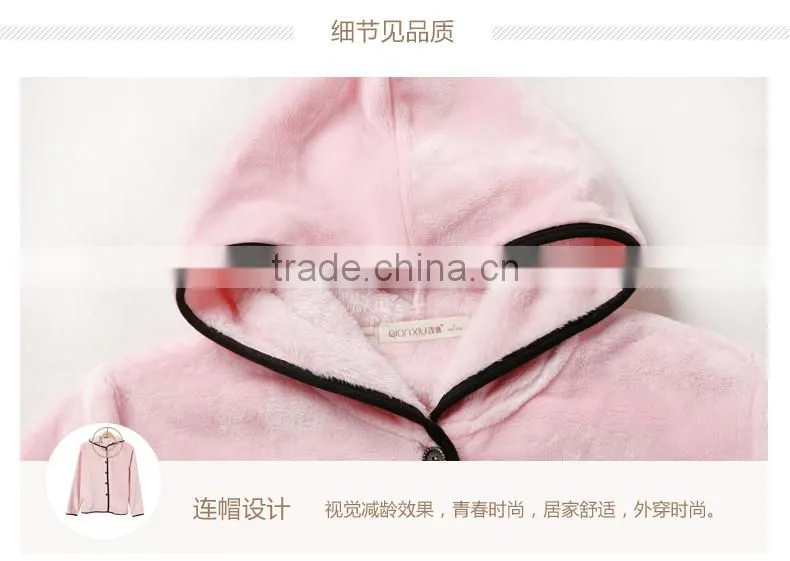 Perfect Qianxiu Cheap Hooded Design Pink Sexy Flannel Ladies Winter Nighty
