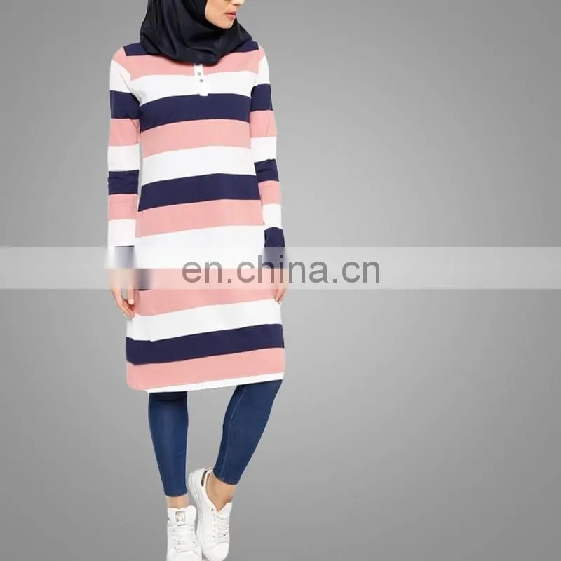 OEM Service China Factory Wholesale Muslim Ladies Tunic Top Wholesale Stripe Tunic Everyday Basic
