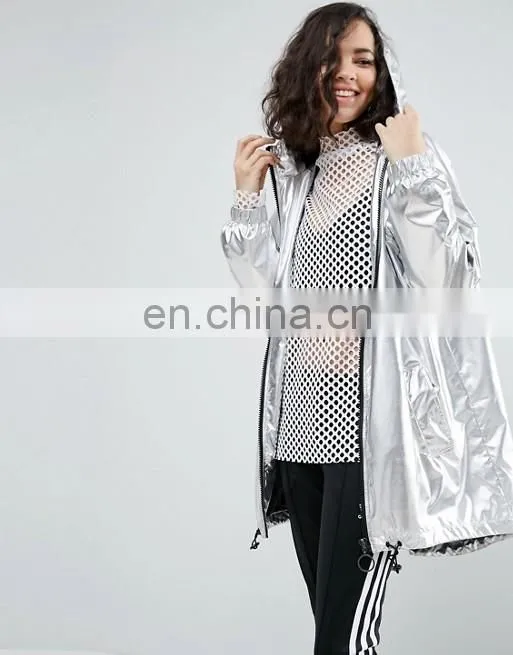 Wholesale classic outside women nylon custom plain sliver metallic long jacket