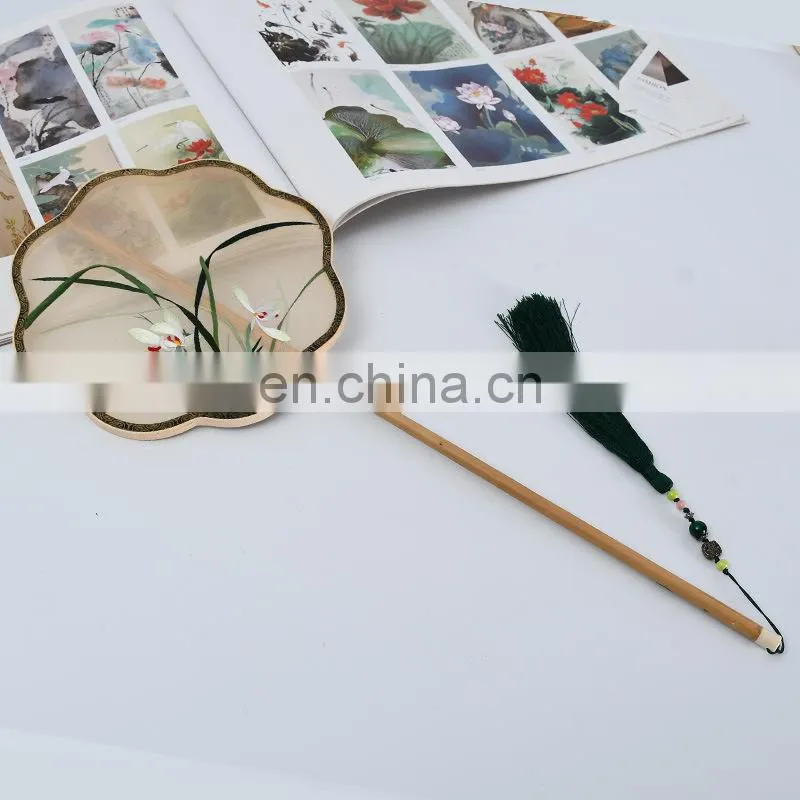 Chinese style multi-patternsilk embroidery dual-faced handmade fan with long wooden handle and tassel pendant(20*51cm)