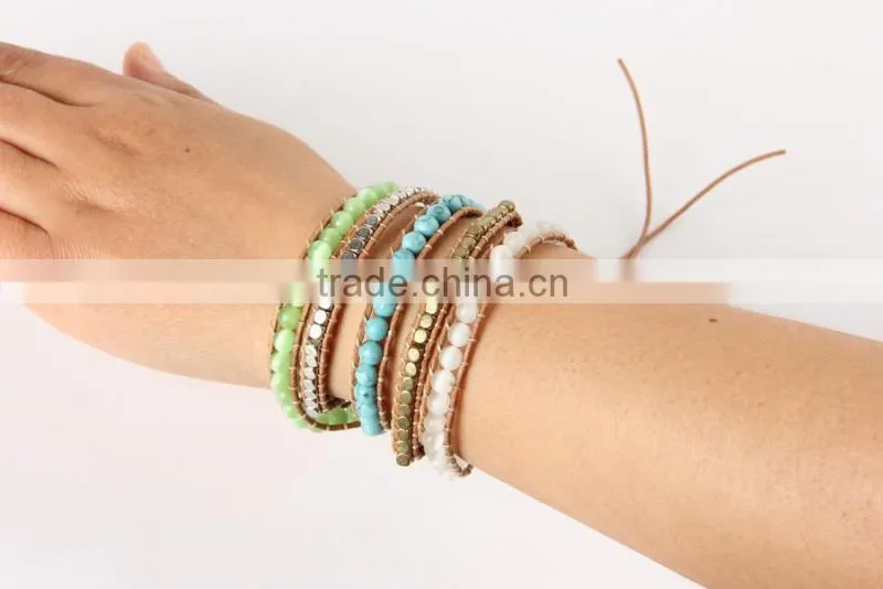 Top Quality 6mm Natural Turquoise Agate Beads Jewelry Leather 5 Wrap Bracelet Weaving Charms Bracelets For Women