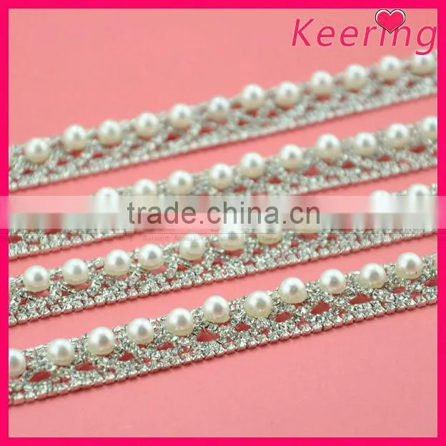 new arrival crystal rhinestone and pearl beads trim wholesale stainless steel chain for dress WRC-200