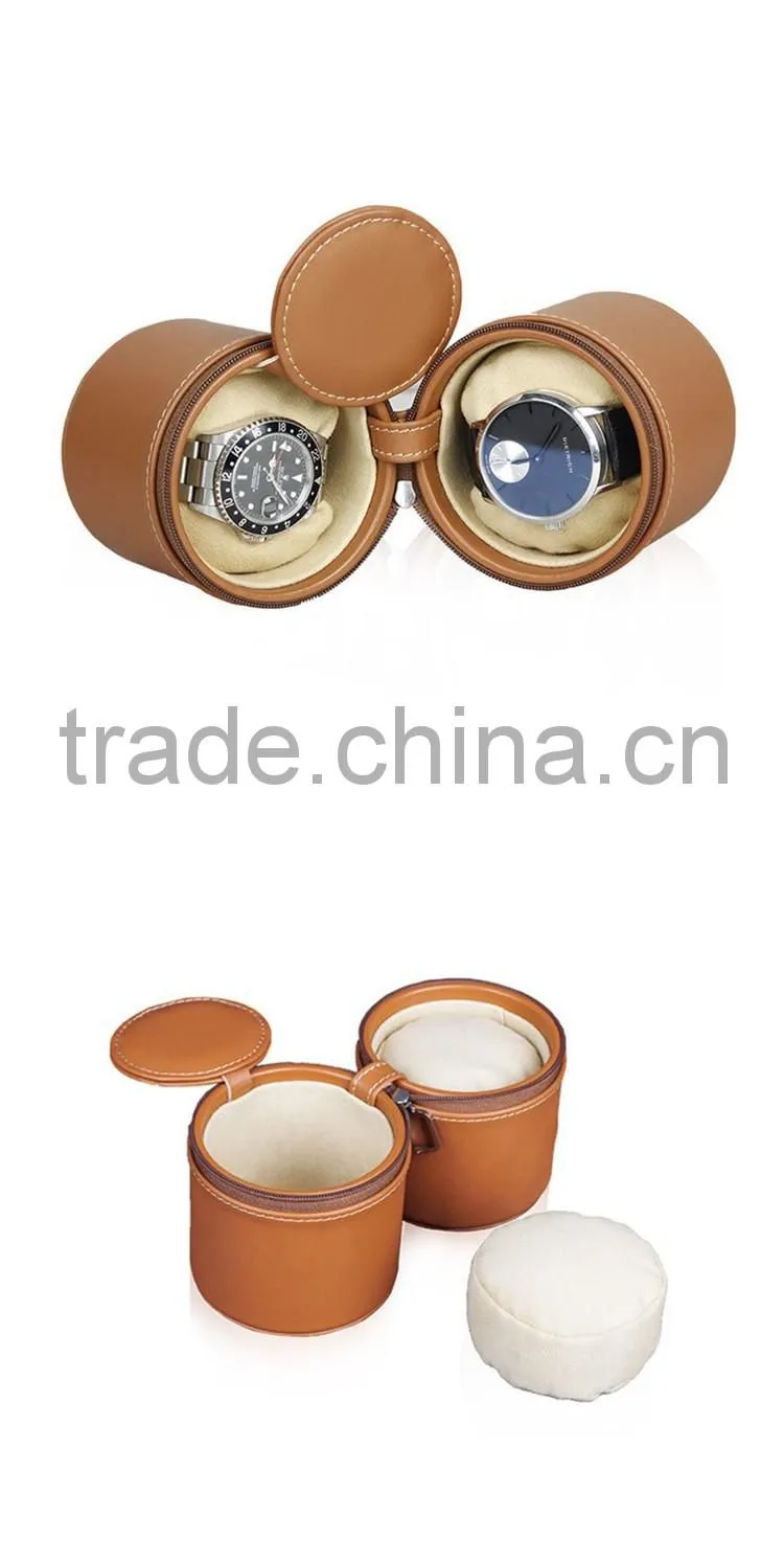 Custom 2 Slot Round Leather Travel Watch Box With Zipper