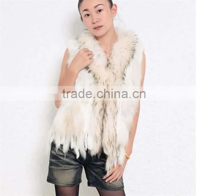 2016 high -end kintted rabbit fur vest with raccoon collar