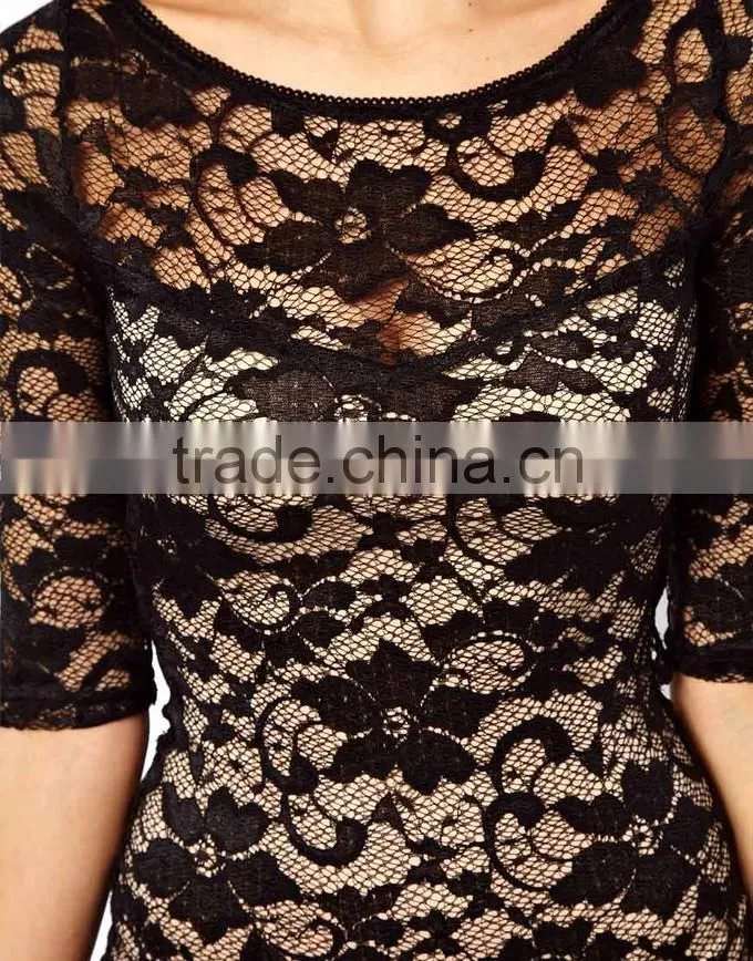 Party Wear High Quality Back Open Black Lace Prom Dresses 2015