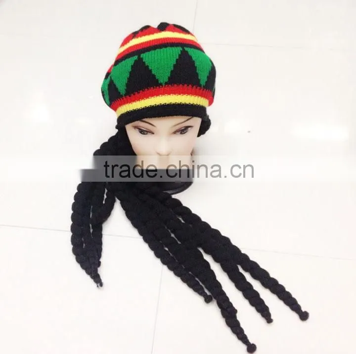 Hot Jamaica Reggae stylish knitted earflap hat jamaica knitted rasta hat with dreadlocks Bob Marley Hair Fancy Hat