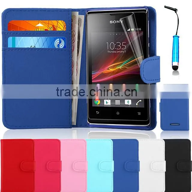 Set Screen Protector Stylus And Case For Sony Xperia E Dual C1605 , Leather Wallet White Phone Case