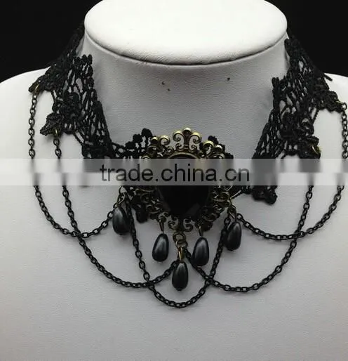 Black Bead Pendant Chain Flower Lace Choker Handmade Women Necklace Gothic Vintage