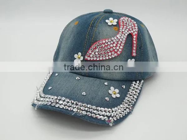Distressed Denim Baseball Cap With Diamond