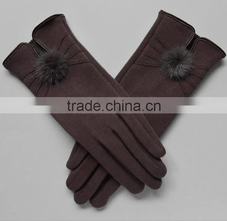 Wholesale Comfortable Winter Girls Rabbit Fur balls Cuff Thick Wool Gloves