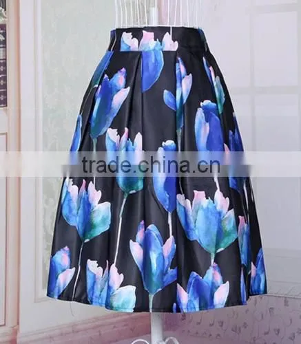Women Fashion Retro Elegant Elastic High Waist Zipper Flower Print Pleated Midi Skirt