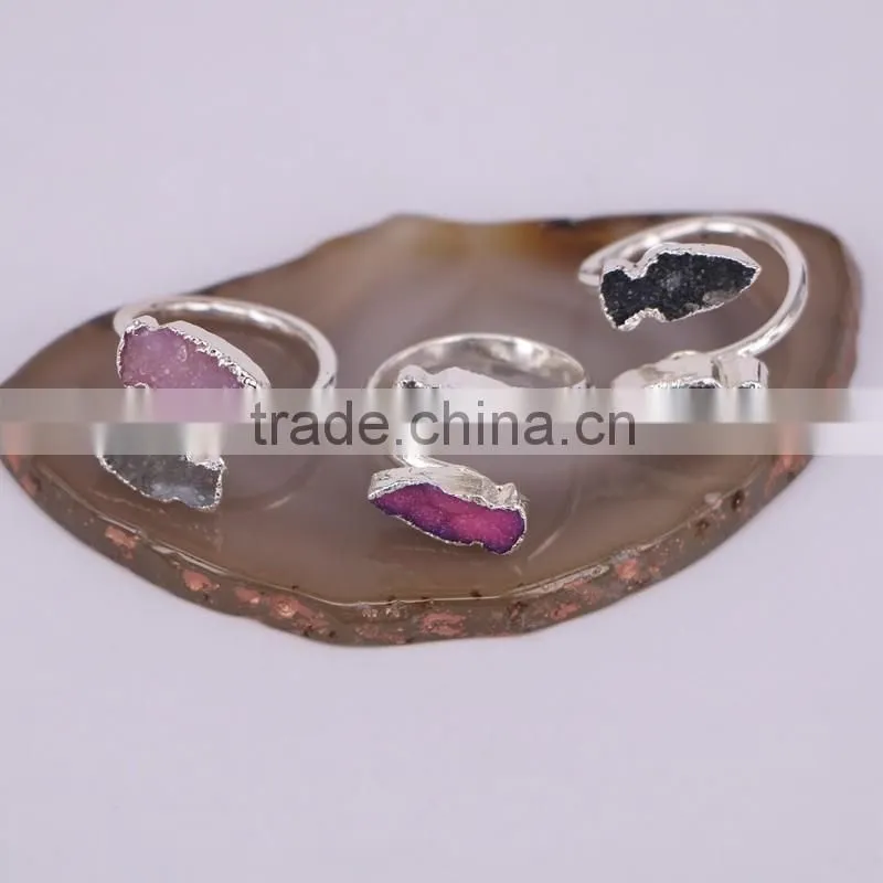 Fashion Agate Stone Quartz Druzy Ring, Silver plated Double Ring, Arrow Shape Gem Druzy stone Ring
