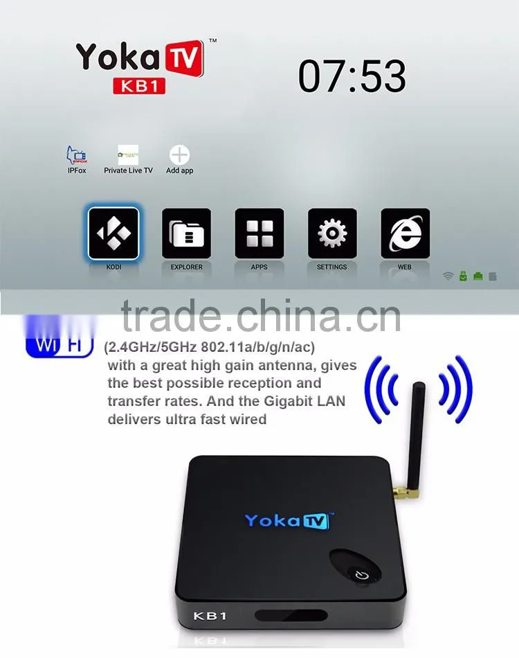 Yoka TV dual frequency wifi S905X quad core CPU penta core gpu on the top box