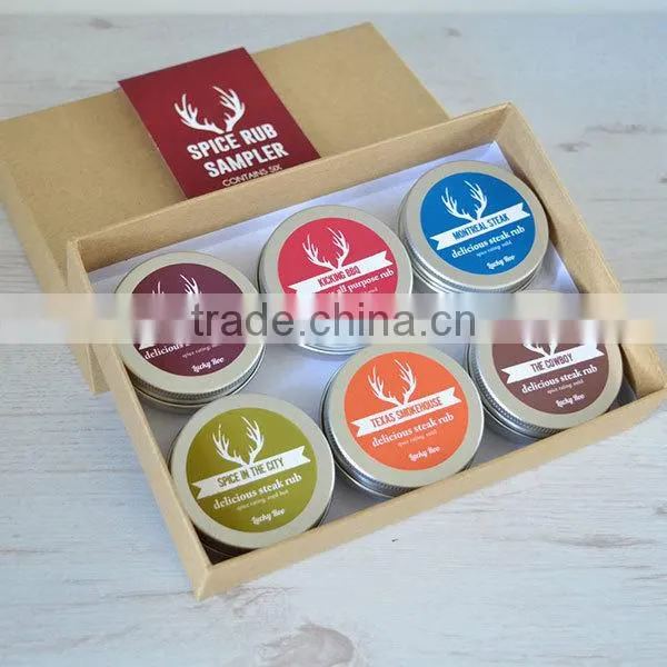 Gourmet Spice Rub Set of 6 2 inch solid screw top containers filled with delicious savory blends