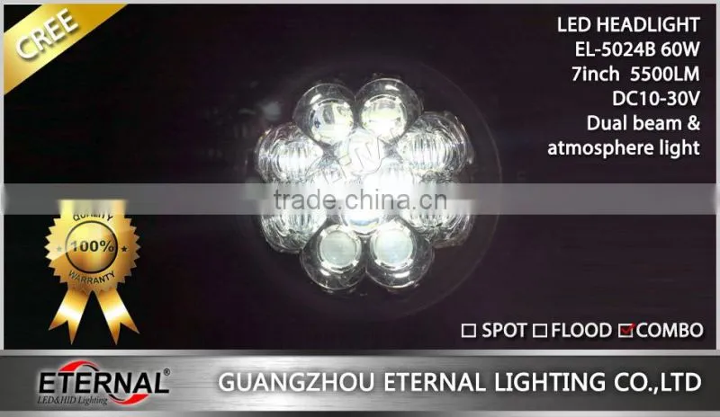60W round 7inch LED headlight replacement for offroad Jeep Wrangler TJ JK CJ YJ 4x4 vehicles Ford Harley motorcycle