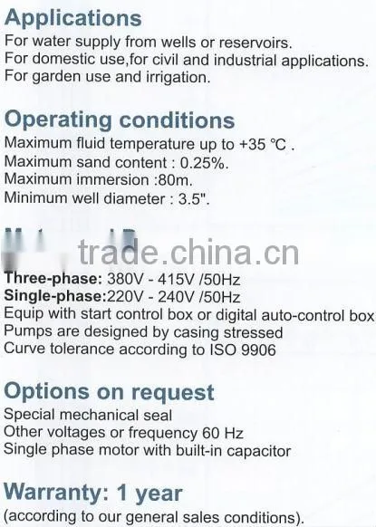 CE certified electric centrifugal submersible water pumps 3.5SD 3 4