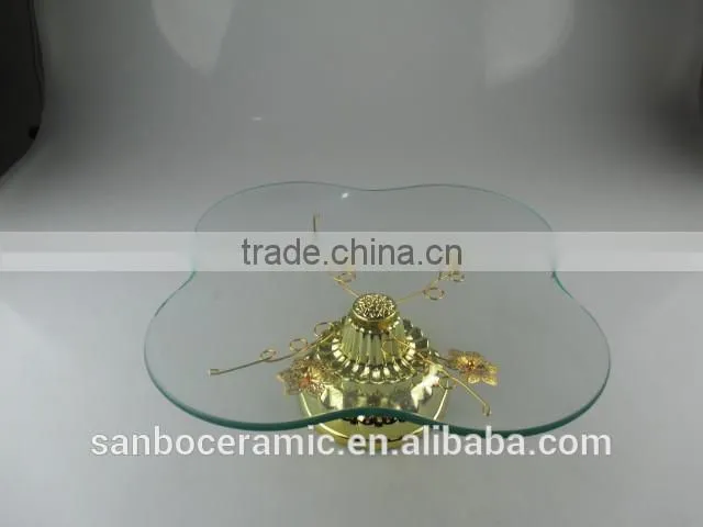 Hanging crystals cake stand, rectangle golden glass cake plate with footed and handle