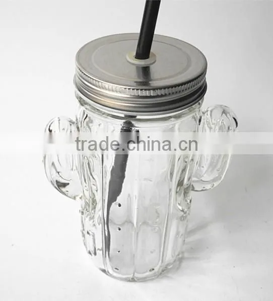 cactus plant unique shape clear glass juice mason jar with silver lid and straw