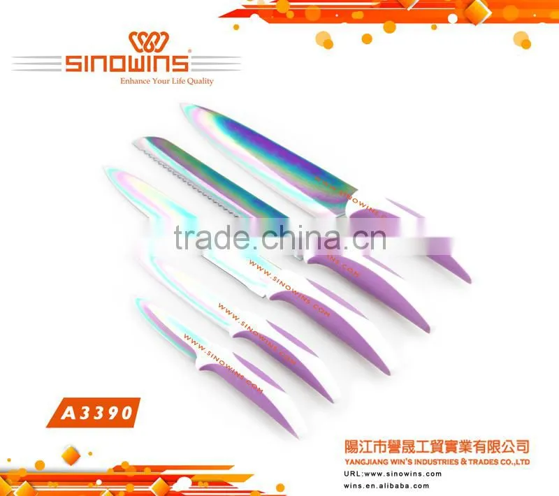 A3390-1 New Design 5pcs Colorful Titanium Blade Stainless Steel Kitchen Knife Set