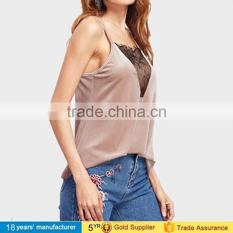 2017 Latest sexy sleeveless V Neck spaghetti strap summer wear design Velvet Camisole tops blouse for women