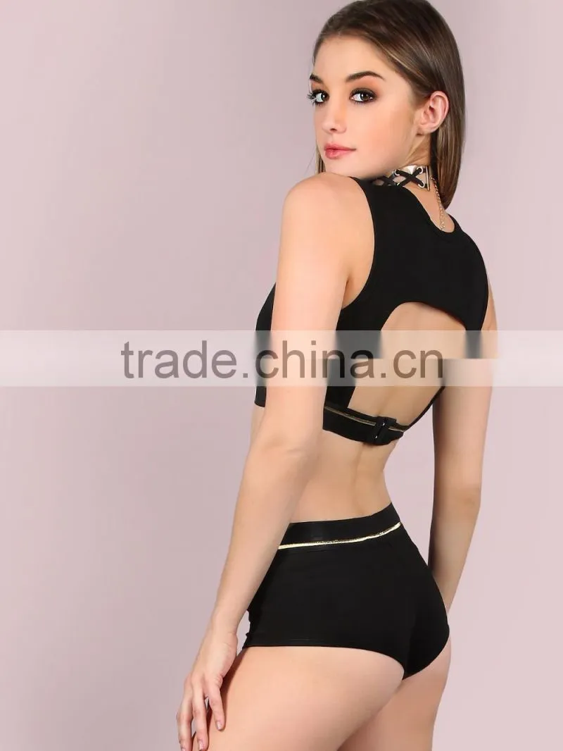 Metallic Trim Back Cut Hole Crop Tank & Body Shorts Set Black 100 Cotton Scoop Neck Sportswear Crop Tops With Pants Custom