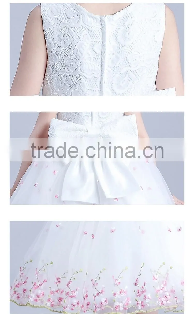 sleeveless flowers girl wedding elegant satin o-neck kids dress waist bow flower dresses