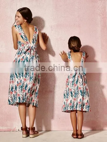 High quality summer flower printed mother daughter matching dress