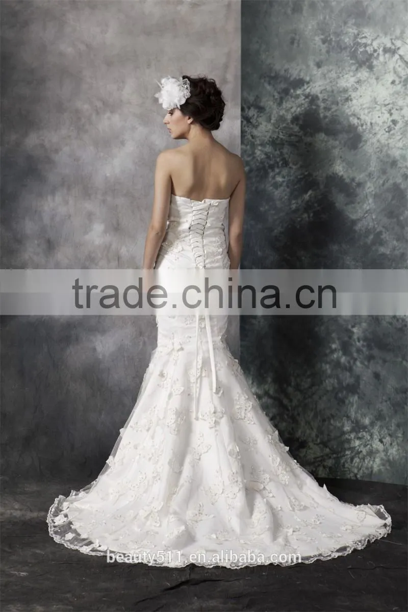 Mermaid Sweetheart Court Train wedding dress Elegant Lace and Satin bridal gown AS30202