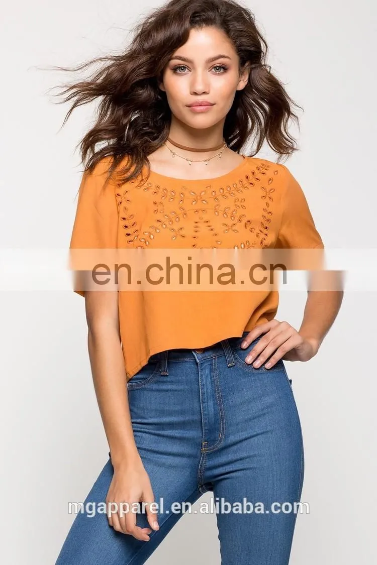 Custom laser cut loose fit woman t-shirt wholesale