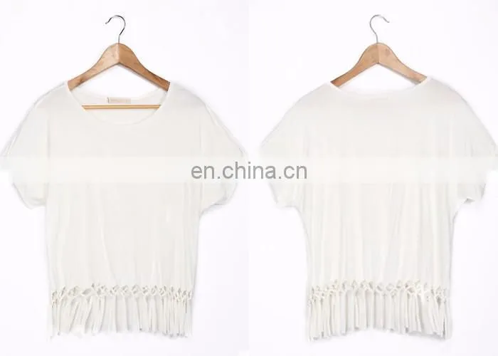 2016 Top Selling New Style Blank White Women T-shirt With Tassel