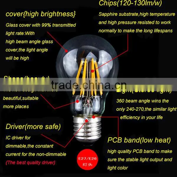 Hot 4w 6w 8w dimmable led bulb lights 2700k 4000k A60 8W e27 LED filament bulb