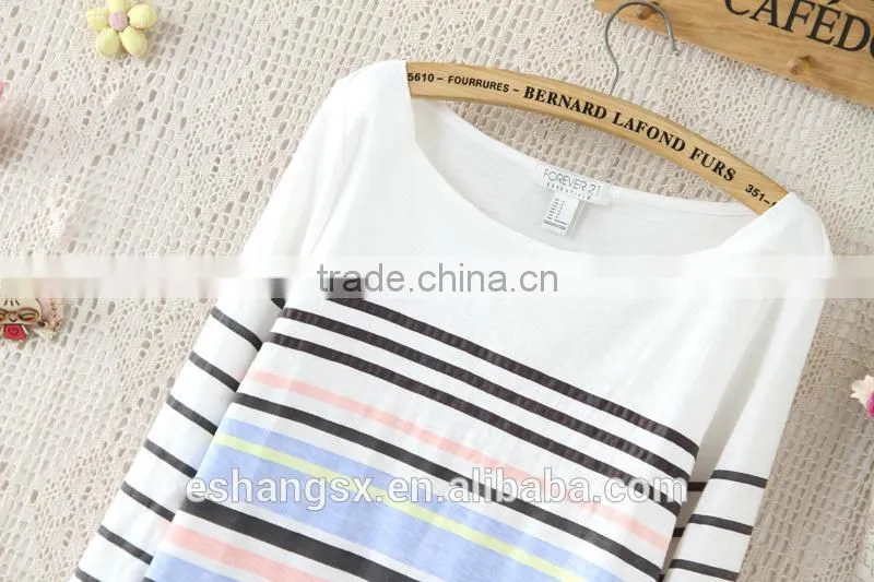 Ladies colorful stripe cotton 3/4 sleeve t-shirt