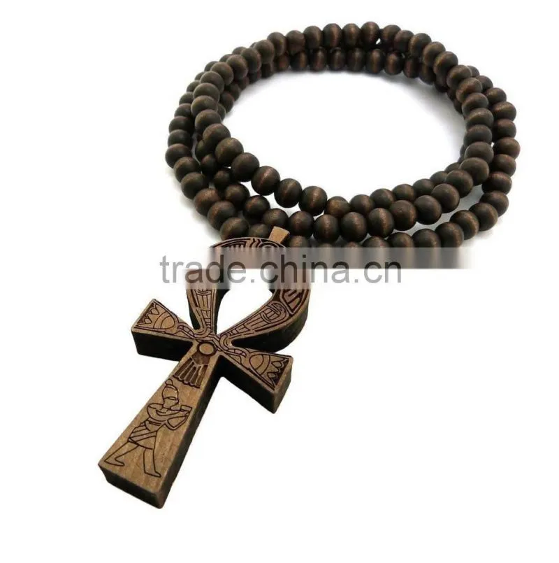 Men's good wooden Jay Z ankh cross chain 8mm bead 36'' necklace