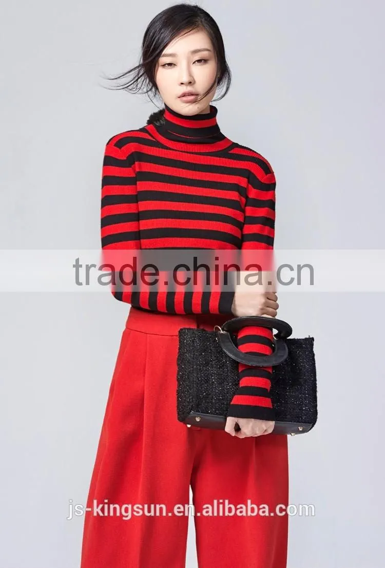 JS--11016B have three colors in-stock turtle neck striped women knit sweater