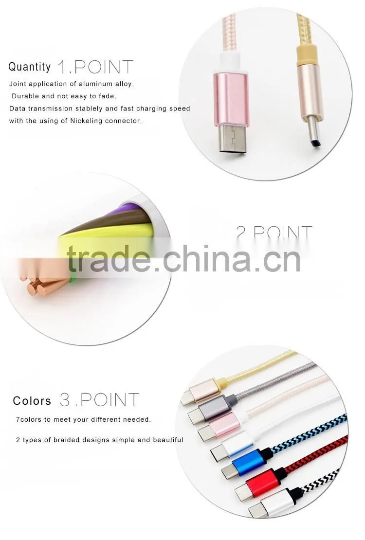 aluminium alloy nylon colorful micro braided usb cable usb 3.1 type c cable micro usb charging cable for type C mobile phone