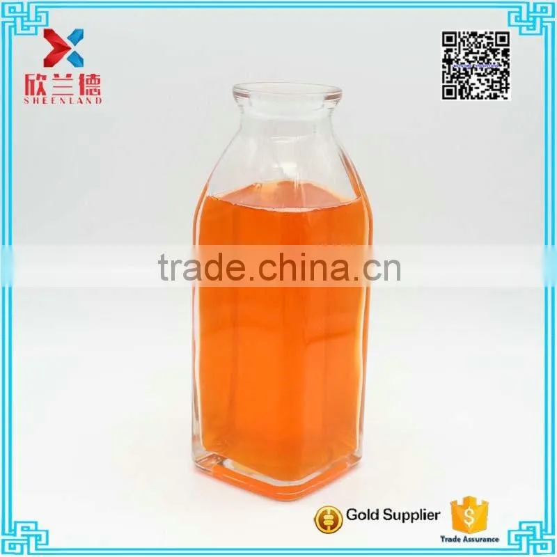 300ml square milk glass beverage juice bottle with crimp neck