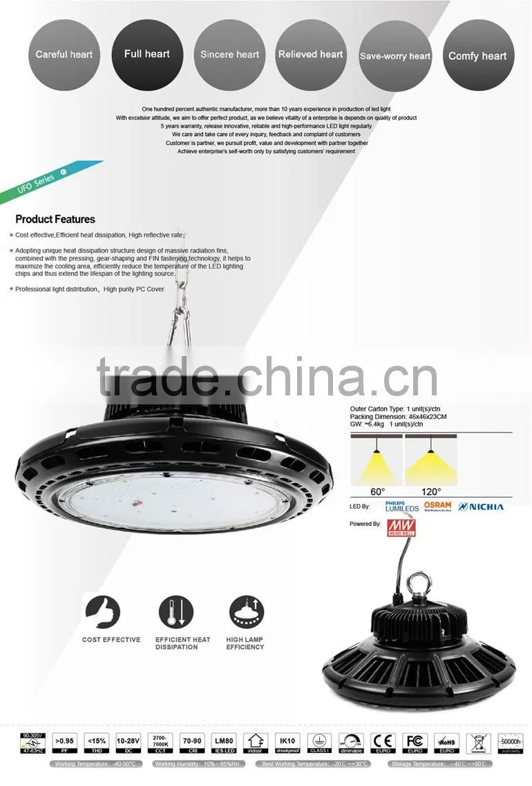 CE and ROHS Certification CE Rohs 140lm w cool white Nichia Osram chip 150w 120w led high bay light