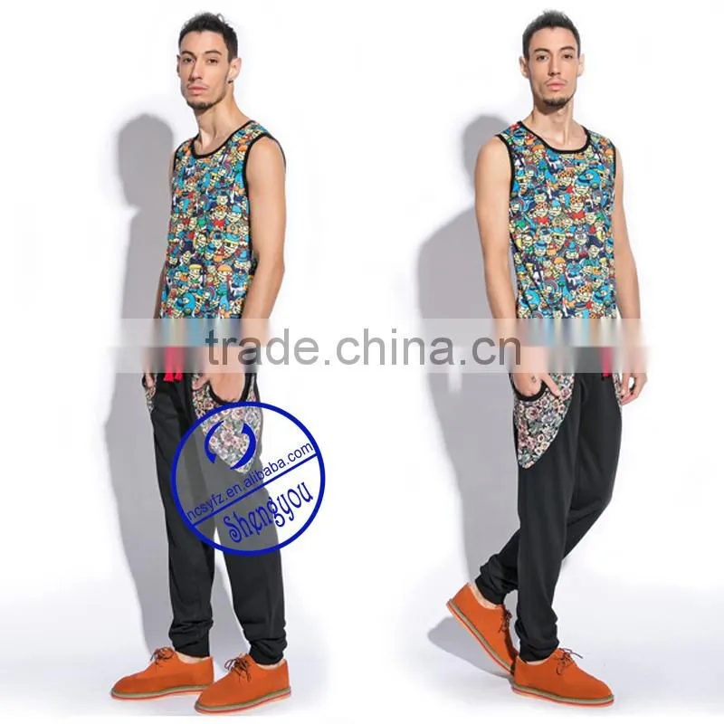 2015 fashion design 100 cotton mens full printed tank top