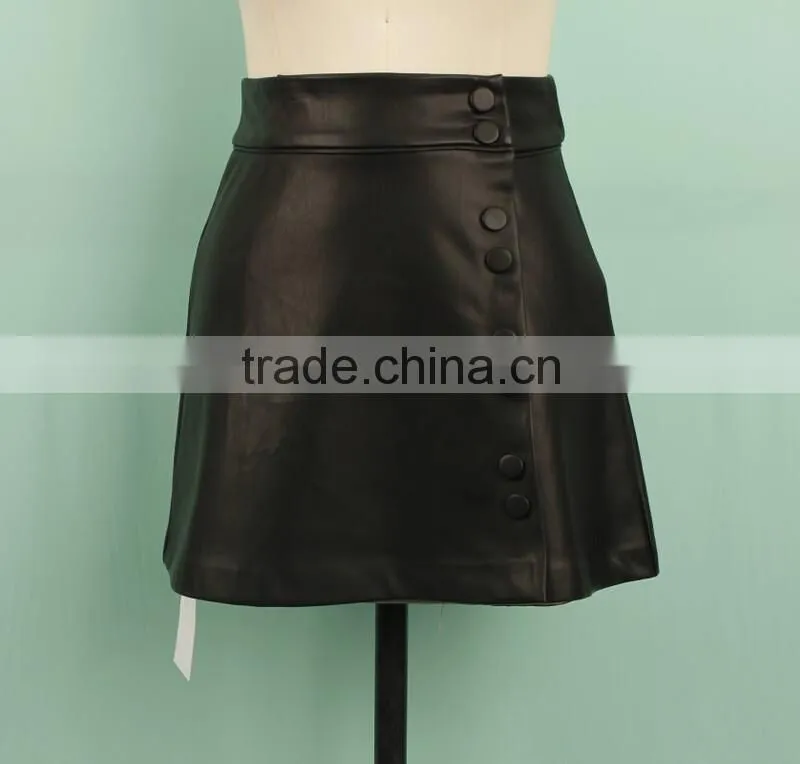 2016 newest design short black mature woman leather skirt