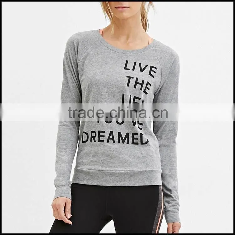 Lightweight Black 95% Cotton 5% Spandex Womens Long Sleeve T-shirt Custom Printed Slim Fit Workout T Shirts Wholesale
