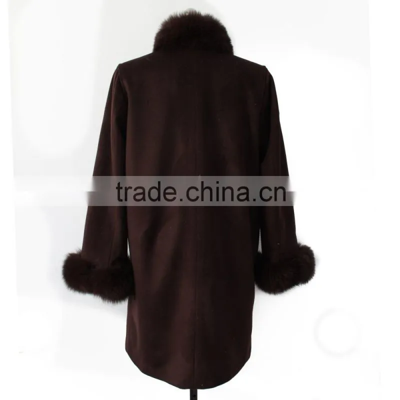 European style ladies cashmere with fox fur trim coat