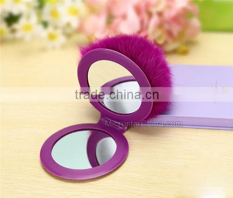 9cm Genuine Rex Rabbit Double Makeup Mirror Keychain Fur Ball Key Chain