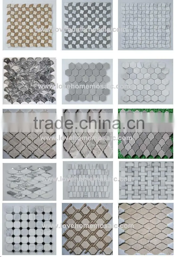 Carrara white mosaic tile, trapezoid tile backsplash