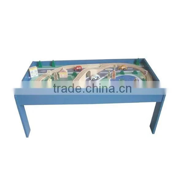painted wooden playtable with train sets