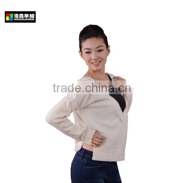 Ladies Knit Deep V Neck Wool Cashmere Sweater, Ladies Trendy White Wool Sweater