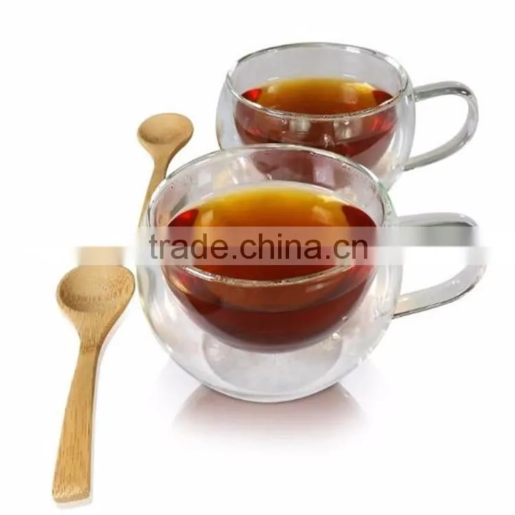 2016 Amazon hot sell Double Wall Glass Insulated Tea Cup Coffee Mug 12 oz with Bamboo Teaspoon