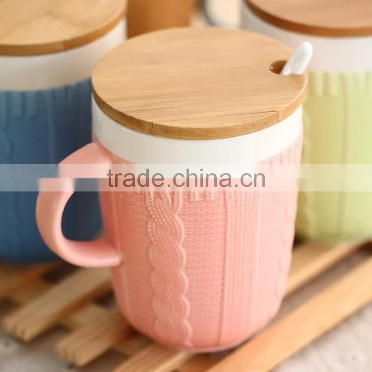 coffee mug with spoon and bamboo lid,innovative and promotion mug,ceramic mug